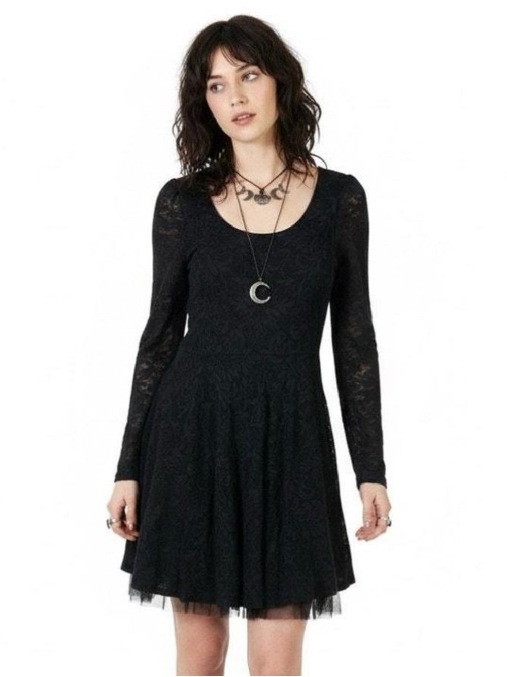 Free People Black Lace Long-Sleeve Skater Boho Dress